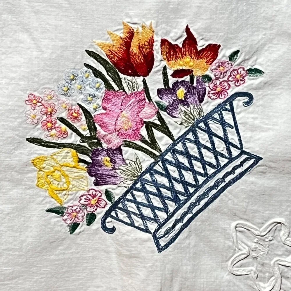 Embroidered White Tablecloth Floral Baskets‎ & Cutwork Design Rectangular 98X66